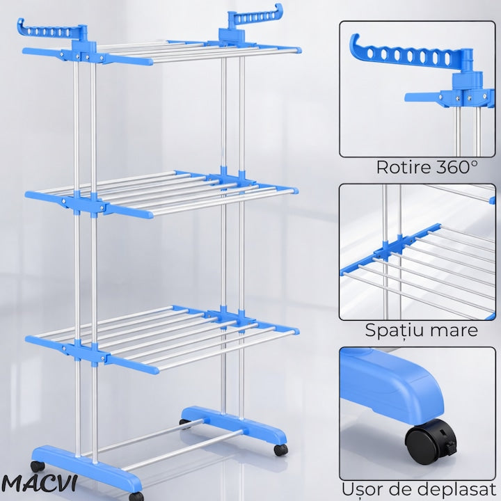 Uscator vertical pentru rufe Macvi®, cu 3 nivele de uscare, mobil si pliabil, suport umerase, albastru