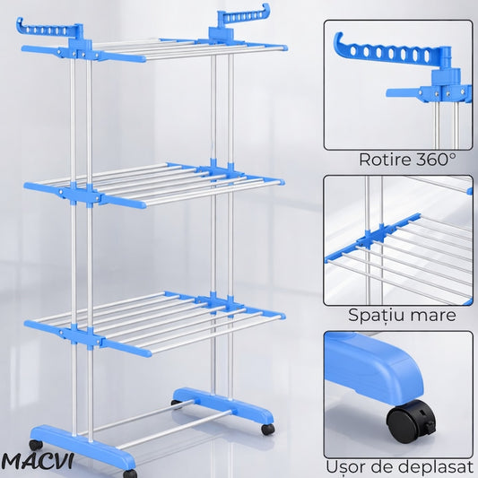 Uscator vertical pentru rufe Macvi®, cu 3 nivele de uscare, mobil si pliabil, suport umerase, albastru