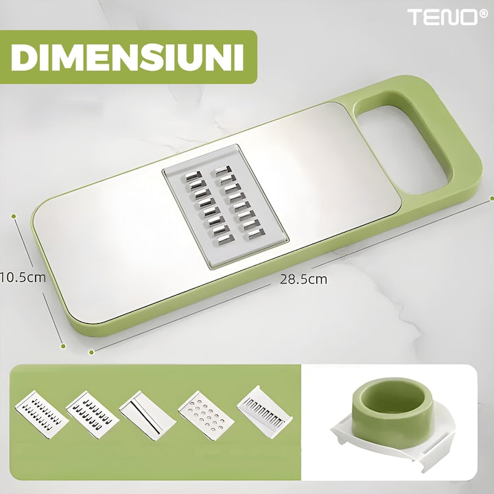 Feliator 7 in 1 Teno®, 5 accesorii de feliere, materiale rezistente, waterproof, protectie pentru mana, mandoline si razatoare, recipient de depozitare, verde deschis