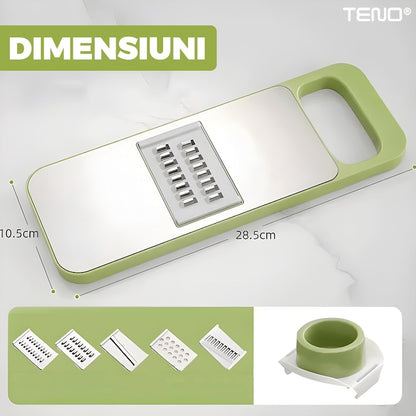 Feliator 7 in 1 Teno®, 5 accesorii de feliere, materiale rezistente, waterproof, protectie pentru mana, mandoline si razatoare, recipient de depozitare, verde deschis