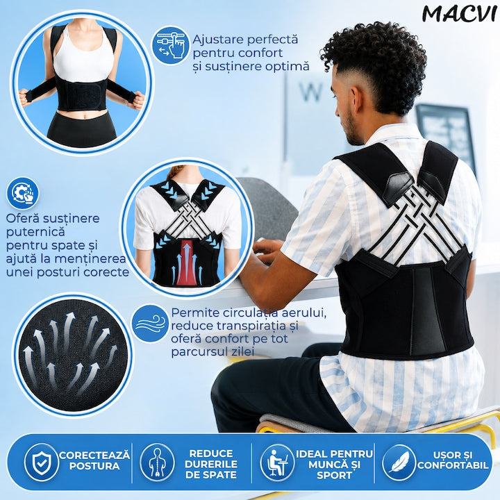 Corector Postura Macvi® 2 in 1 pentru Spate si Coloana, Centura Reglabila cu Bretele, Sustinere Lombara si Umeri, Reduce Disconfortul la Gat si Spate, Material Respirabil, Unisex, Negru, Marimea L