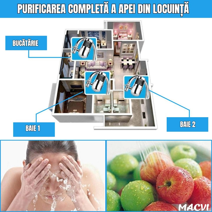 Filtru Apa Macvi® pentru Robinet, Capacitate 50.000L, 7 Etape Filtrare, Cartus Reutilizabil, Elimina Impuritati, Clor si Metale Grele, Montaj Rapid, Argintiu