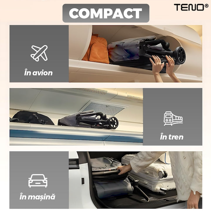 Carucior Sport pentru Bebelusi Teno®, pliabil, usor de carat, sezut reglabil, spatios, cosulet dorsal, buzunar la spate, copertina retractabila, greutate maxima suportata 25 kg, gri inchis