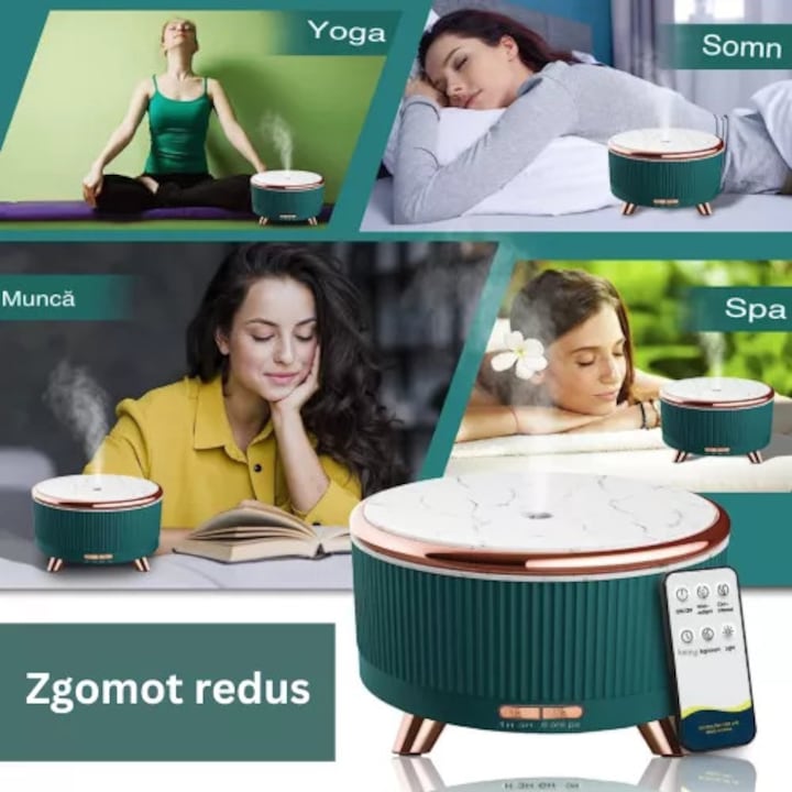 Difuzor Aromaterapie Macvi® 500 ml Umidificator Aer Ultrasonic 7 Culori LED, Timer 1 -3 -6 h, Model Marmura Verde Inchis