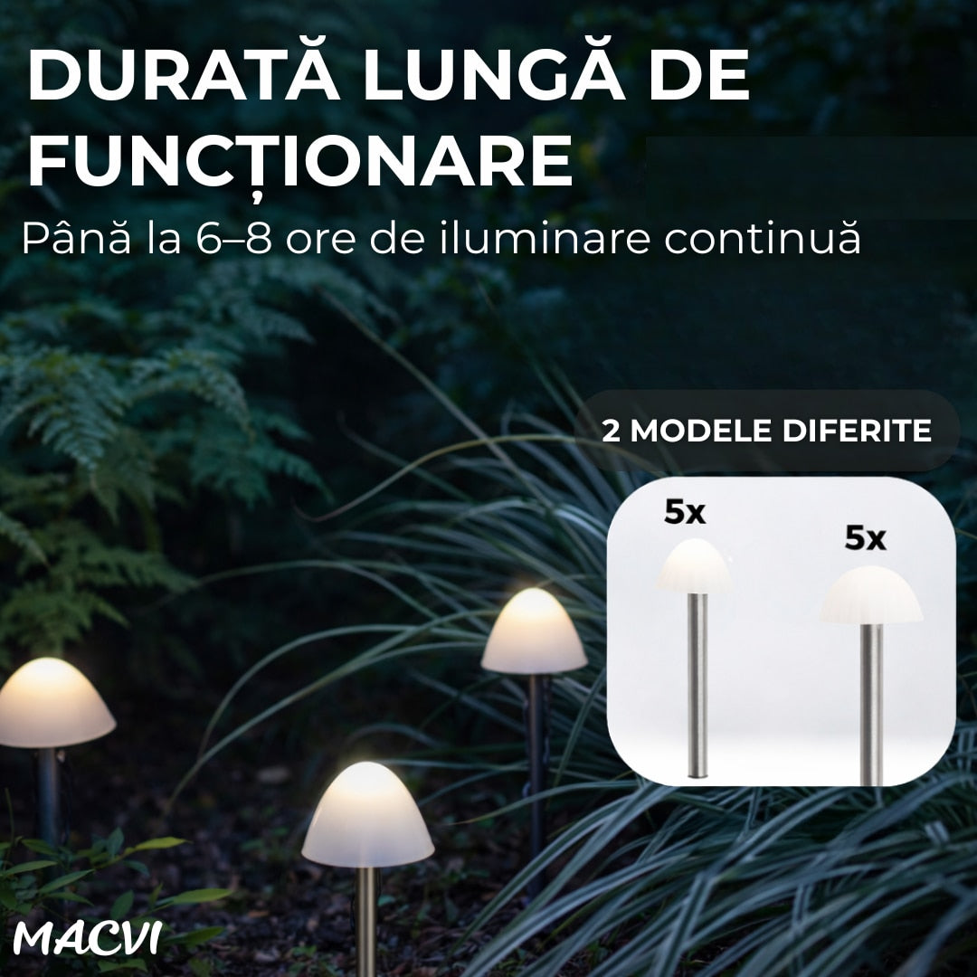Set 10 Lampi solare gradina Macvi® alb cald IP65 rezistente la apa cablu 5 m panou solar 2V 185mA inaltime tija 18 cm diametru lampa 4.5 cm iluminat exterior alei curte terasa