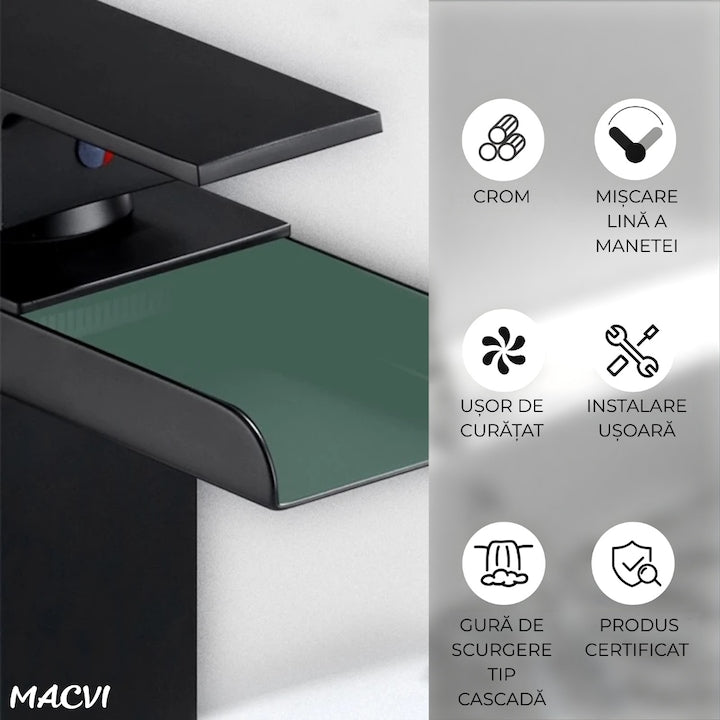 Baterie lavoar baie Macvi® tip cascada cromata din bronz inaltime 160 mm pipa 135 mm monocomanda, negru mat