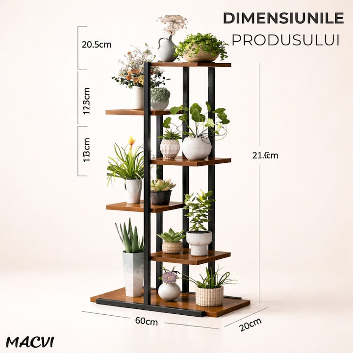 Suport plante Macvi® tip etajera asimetrica cu 6 rafturi, structura metalica rezistenta, rafturi lemn, suport flori interior, design modern pentru living balcon birou, 60x21.6x123 cm
