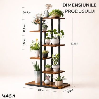 Suport plante Macvi® tip etajera asimetrica cu 6 rafturi, structura metalica rezistenta, rafturi lemn, suport flori interior, design modern pentru living balcon birou, 60x21.6x123 cm