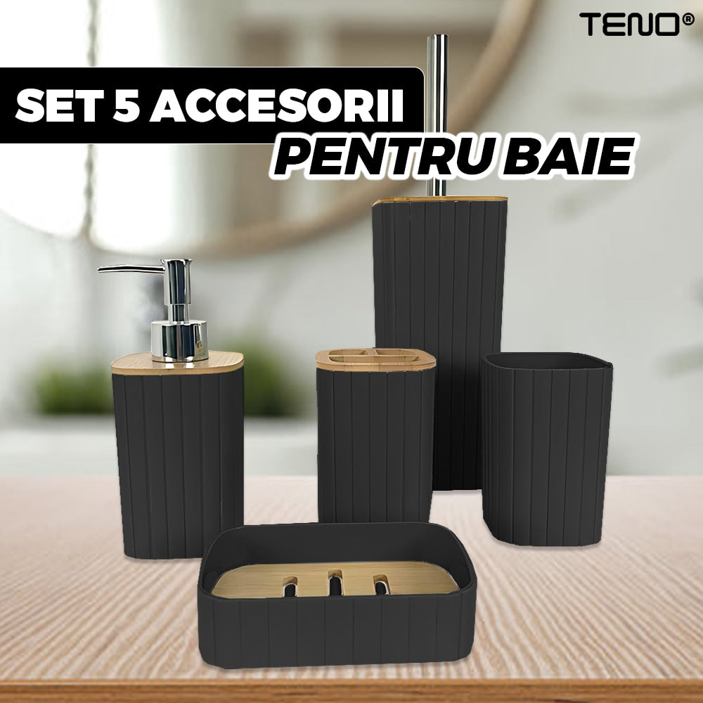 Set 5 Accesorii de Baie Teno®, dispenser de sapun, suport de periute, perie de toaleta, suport sapun, detalii din bambus, materiale rezistente, design minimalist, negru