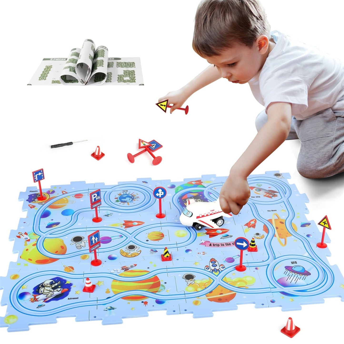 Set puzzle educational Macvi® cu pista de masinute si avion, 25 piese, model spatiu albastru, 47x38 cm, jucarie interactiva pentru copii 3+ ani