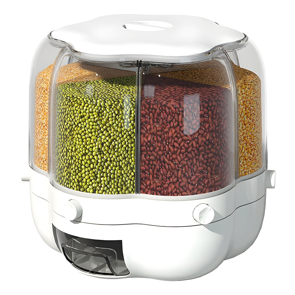 Dozator rotativ Macvi® pentru cereale si alimente uscate, 6 compartimente, capacitate 6.5 kg, sertar detasabil, alb, rotire 360°