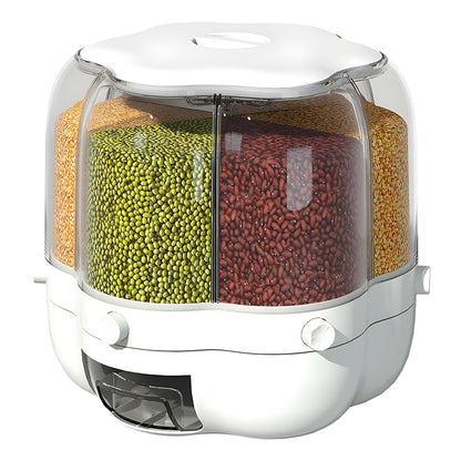 Dozator rotativ Macvi® pentru cereale si alimente uscate, 6 compartimente, capacitate 6.5 kg, sertar detasabil, alb, rotire 360°