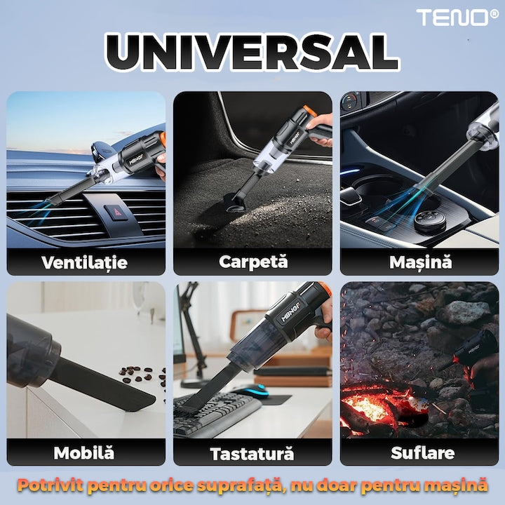Aspirator de Mana Auto Teno®, 6 in 1, aspirare, suflare, vidare, umflare, viteza ridicata, motor puternic, autonomie mare, baterie litiu, filtru HEPA, 35000PA, 120W, negru