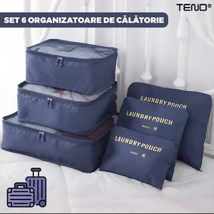 Set 6 Organizatoare Teno®, pentru calatorie, diferite marimi, bagaj de voiaj, valiza, troler, genti, haine, accesorii, inchidere cu fermoar dublu, plasa, albastru inchis