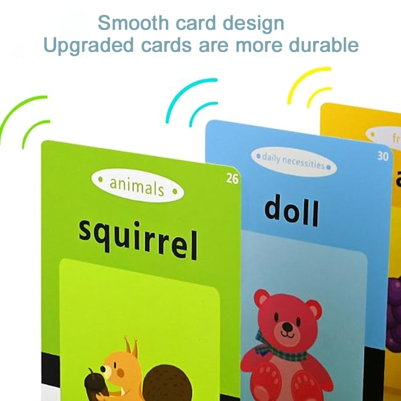 Jucarie educativa Montessori Macvi® masina de invatare limba engleza cu cititor carduri flash 112 carduri 224 cuvinte sunete interactive incarcare MicroUSB albastru 2 ani+