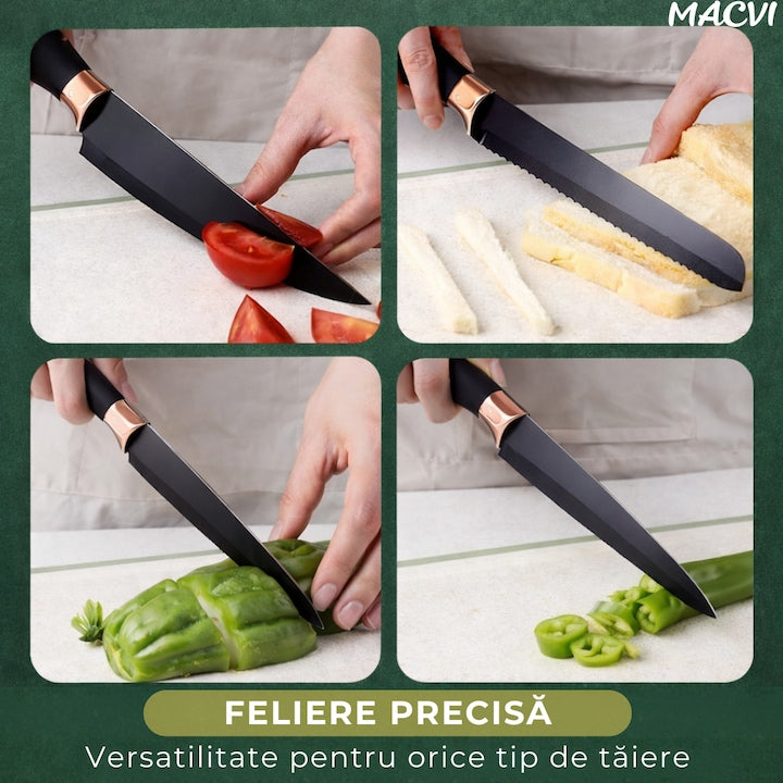 Set 20 Piese Utensile de Bucatarie si Cutite cu Suport Macvi®, Taietor, Ustensile de Silicona, Cutite, Tablita de Taiat si Accesorii pentru Gatit