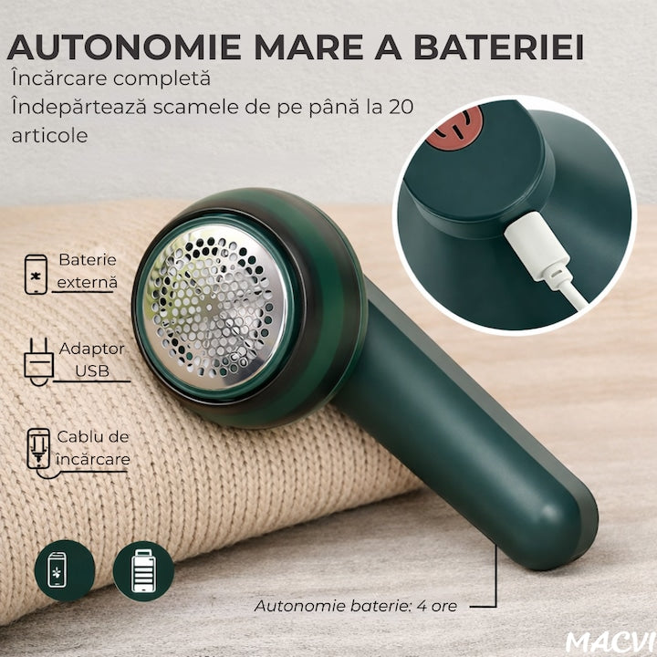 Aparat de indepartat scame Macvi®, incarcare USB, utilizare 4 ore, curatare uscata, verde