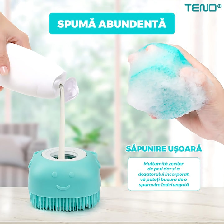 Perie din Silicon cu Dozator Teno®, universala, pentru oameni/animale, curatenia casei si a masinii, capacitate de sapun/sampon ridicata, silicon sigur, peri moi, multifunctionala, reutilizabila, turcoaz