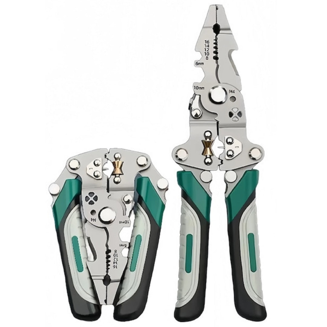 Patent multifunctional Macvi® 12-in-1 cu sertizor pentru cabluri cleste pliabil din otel pentru dezizolare, taiere si sertizare fire, design ergonomic pentru lucrari electrice