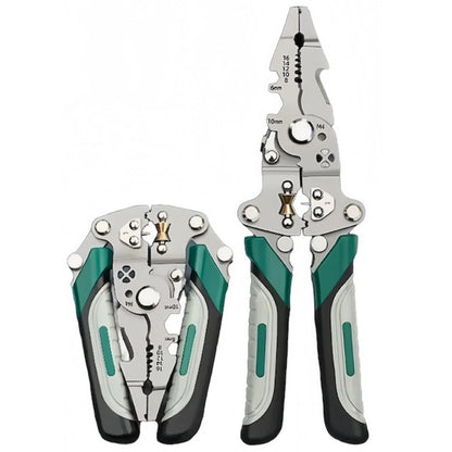 Patent multifunctional Macvi® 12-in-1 cu sertizor pentru cabluri cleste pliabil din otel pentru dezizolare, taiere si sertizare fire, design ergonomic pentru lucrari electrice