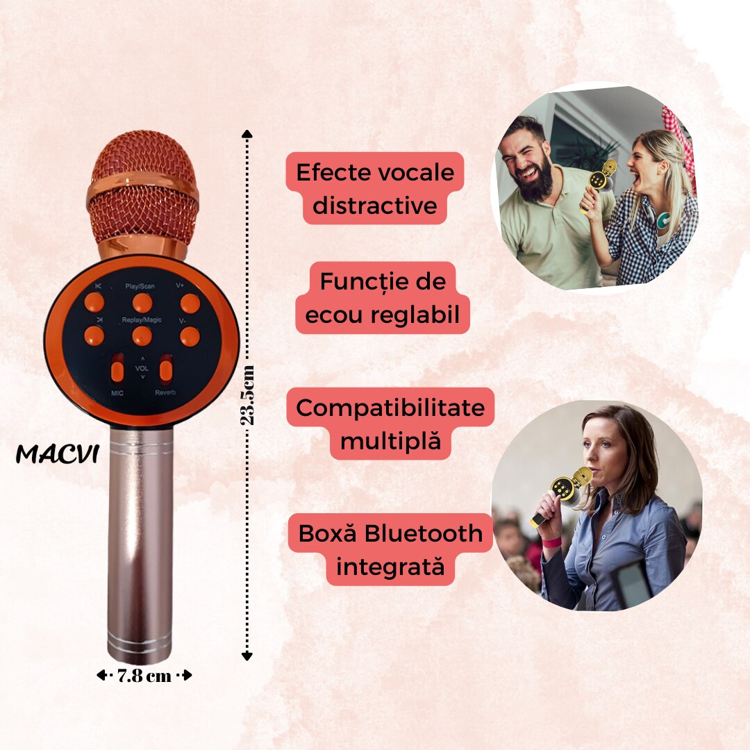 Microfon Karaoke Wireless Macvi® cu Boxa si Bluetooth V11, Portabil, Difuzor Profesional, Baterie Integrata, Roz Gold