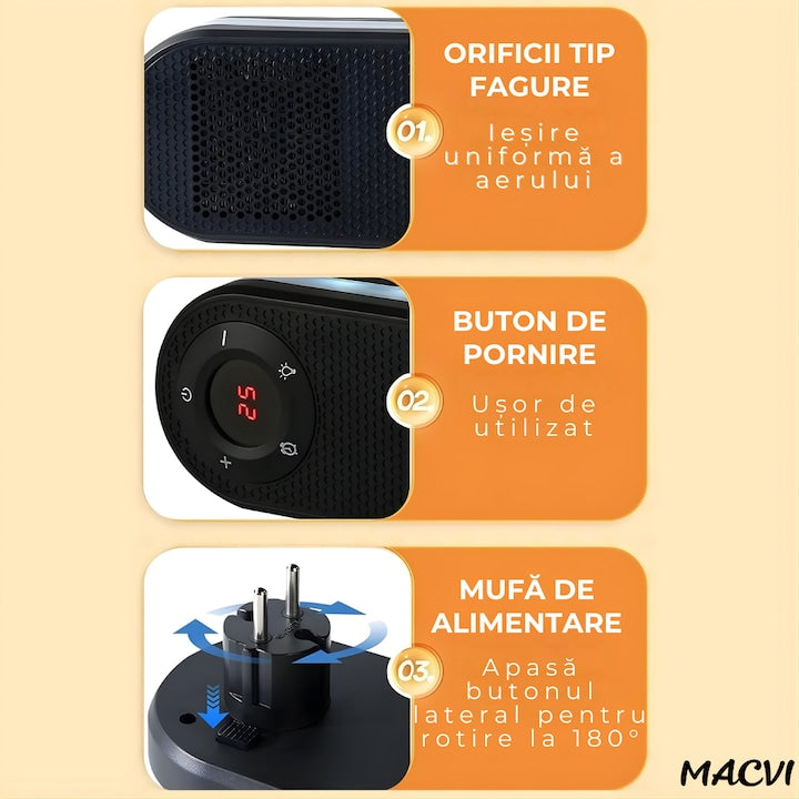 Incalzitor electric MACVI Compact 500W, rotire 180°, afisaj LED, telecomanda, protectie supraincalzire, pentru spatii mici