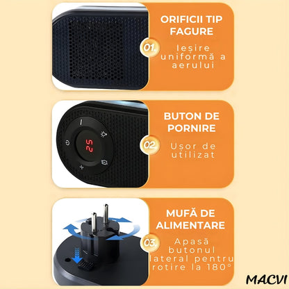 Incalzitor electric MACVI Compact 500W, rotire 180°, afisaj LED, telecomanda, protectie supraincalzire, pentru spatii mici