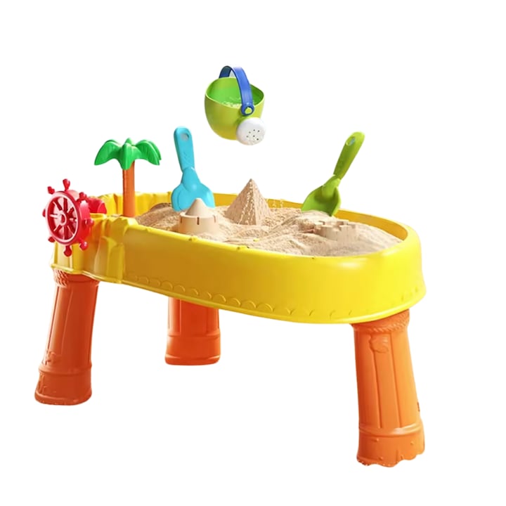 Masa de apa 2 in 1 Macvi® pentru copii, cu 8 accesorii interactive, multicolor, recomandata 3 ani+