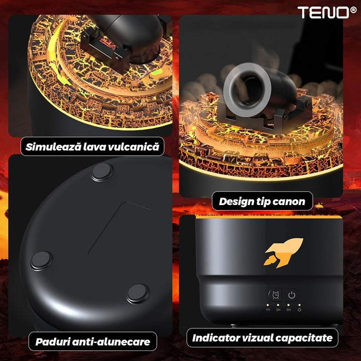 Difuzor Aromaterapie Teno®, forma de tun, 7 culori LED, lumini dinamice, control tactil, capacitate 300ml, silentios, rezerva inclusa, umidifica aerul, negru