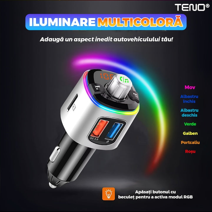 Modulator Auto FM, Teno, Bluetooth 5.0, functie dubla incarcare, afisare voltaj baterie, gri