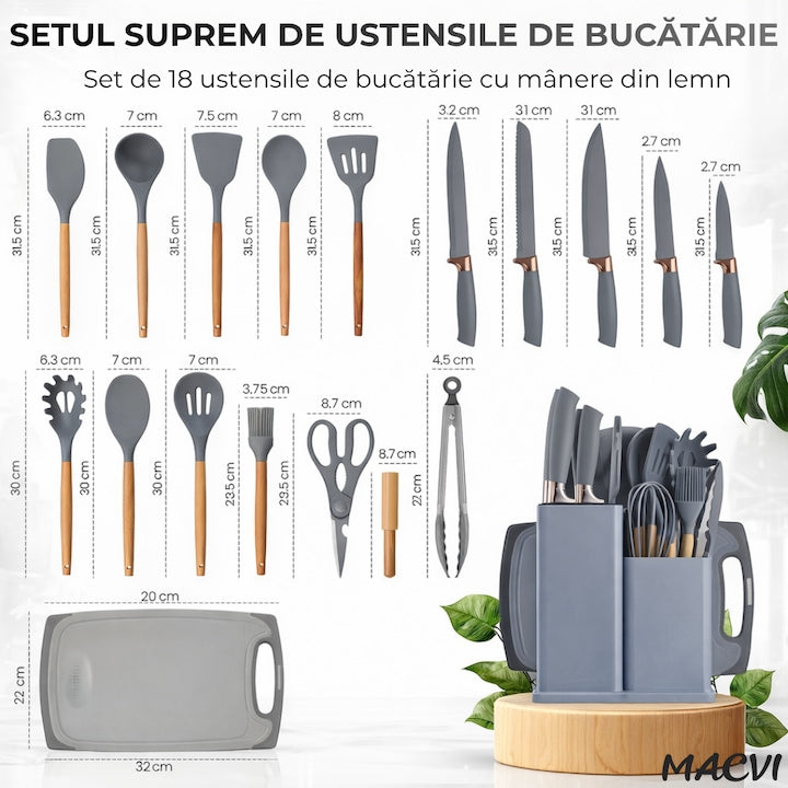 Set Ustensile Bucatarie Macvi® 19 Piese Silicon Termorezistent si Bambus, Cutite Inox, Suport Organizator Compact, Design Gri Elegant