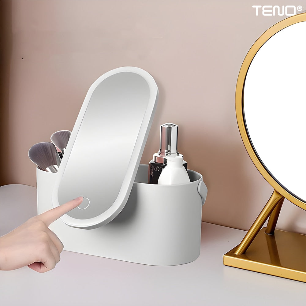 Oglinda Cosmetica Multifunctionala Teno®, portabila, lumina LED, spatiu depozitare pentru cosmetice, buton Touch-Screen, lumina dimabila, 23 x 10 x 11.5 cm, alb