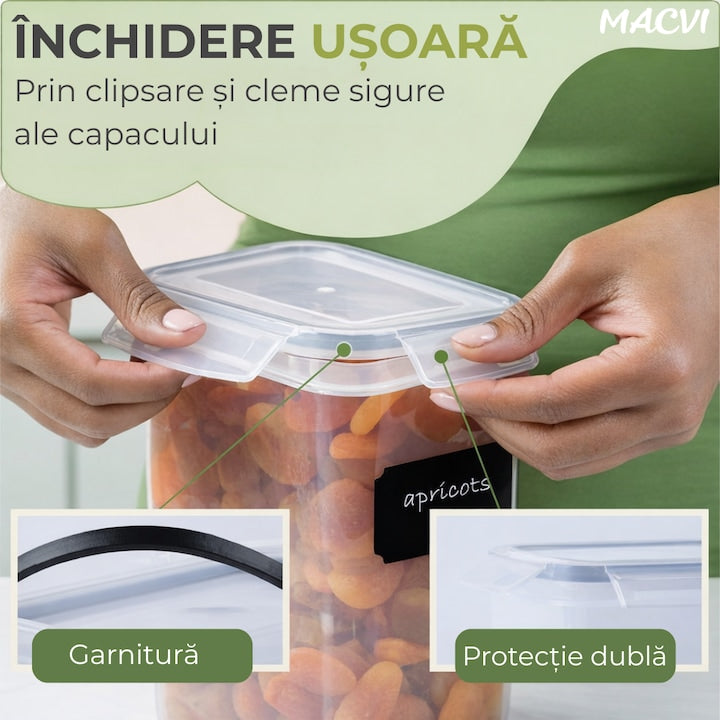 Set 28 organizatoare/recipiente Macvi® pentru depozitare alimentara, etanse, design minimalist, fara BPA, stocabile, cu etichete si lingurite incluse