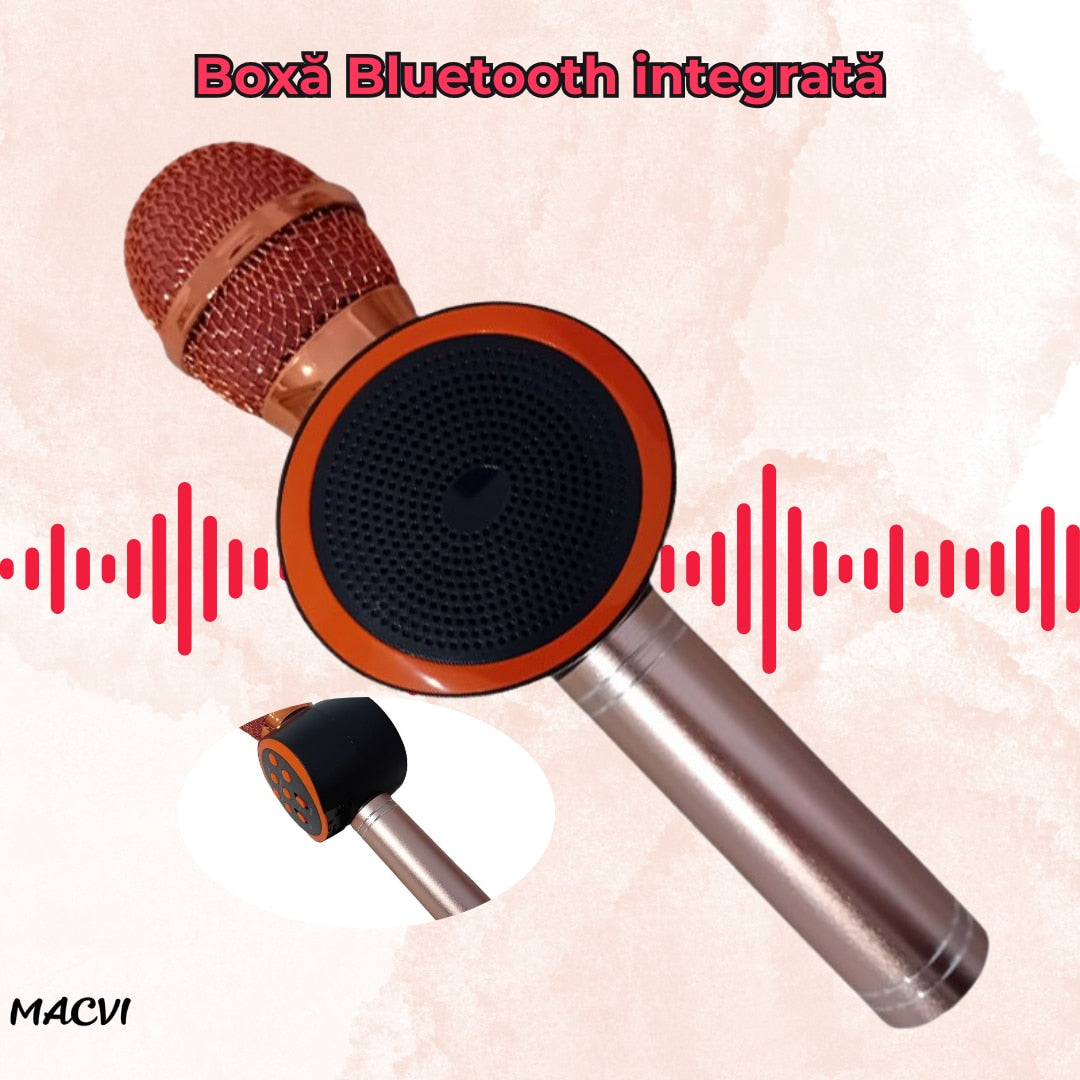 Microfon Karaoke Wireless Macvi® cu Boxa si Bluetooth V11, Portabil, Difuzor Profesional, Baterie Integrata, Roz Gold