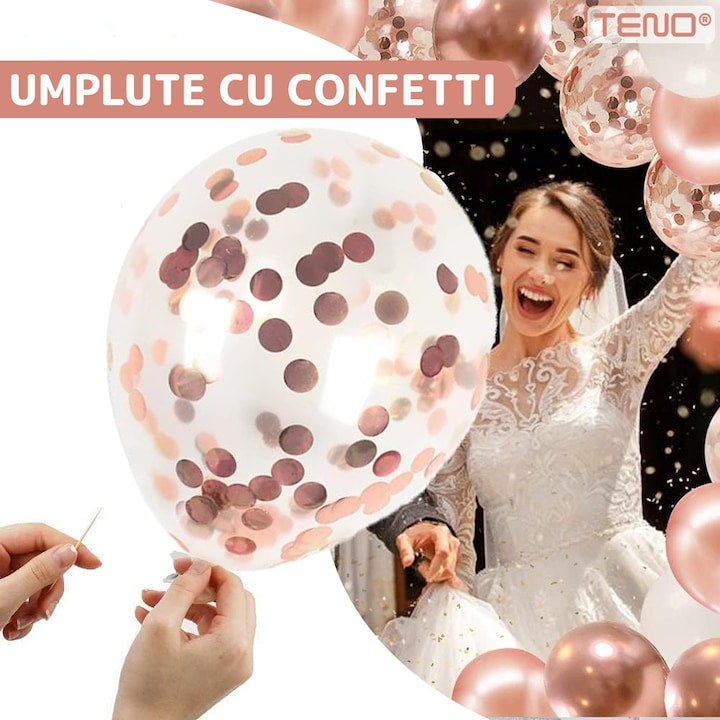 Set 27 Baloane Teno®, Litere, pentru Petreceri/Aniversari/Evenimente, confetti, stelute, inimioare, model HAPPY BIRTHDAY, rose gold
