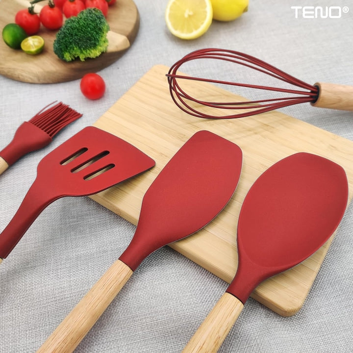Set Ustensile Bucatarie 12 Piese Silicon Alimentar Teno®, termorezistente, antiaderente, sigure, suport inclus, rosu
