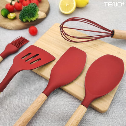 Set Ustensile Bucatarie 12 Piese Silicon Alimentar Teno®, termorezistente, antiaderente, sigure, suport inclus, rosu
