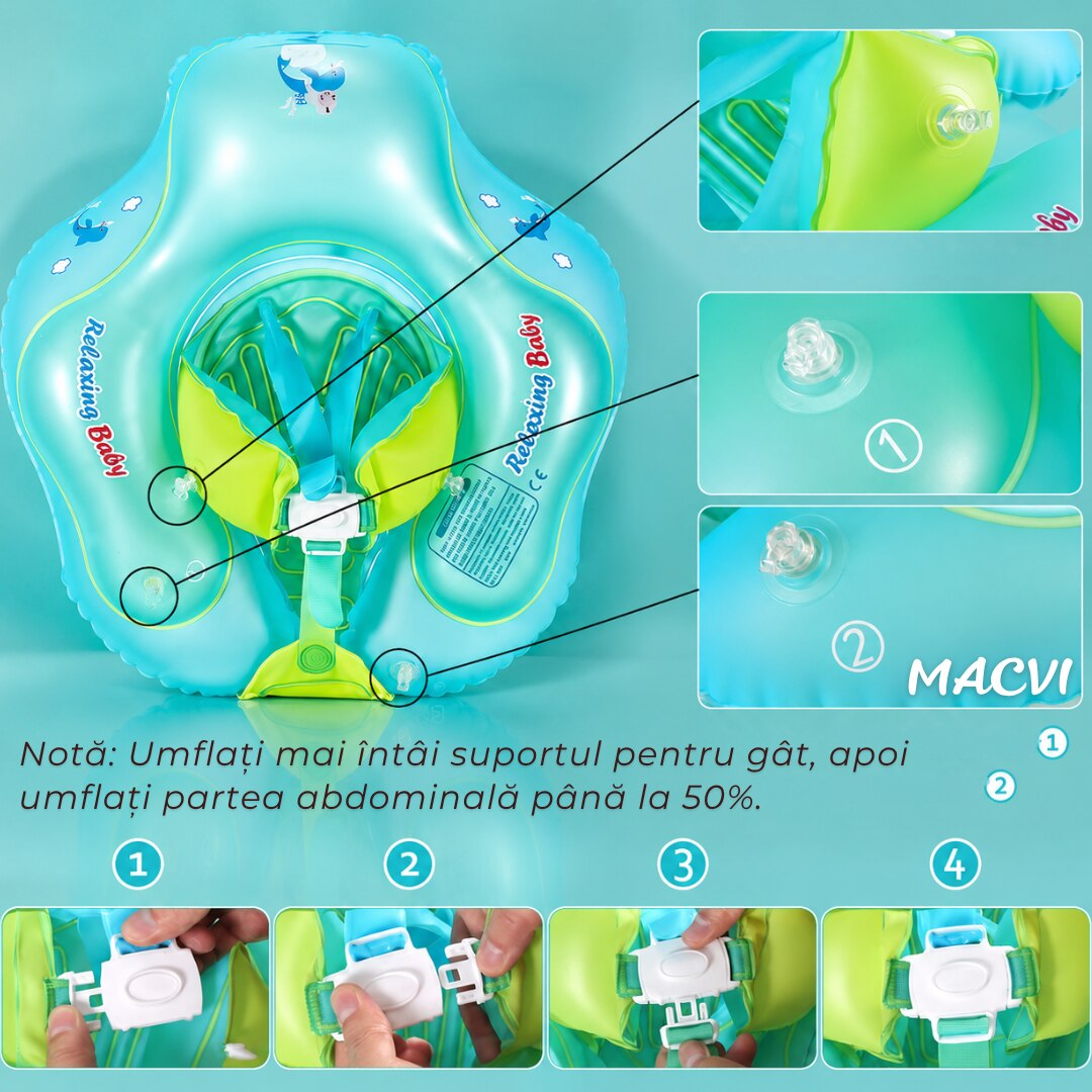 Colac Inot Bebelusi Macvi® Marime L Ajustabil cu Suport Siguranta PVC Confortabil Albastru Verde