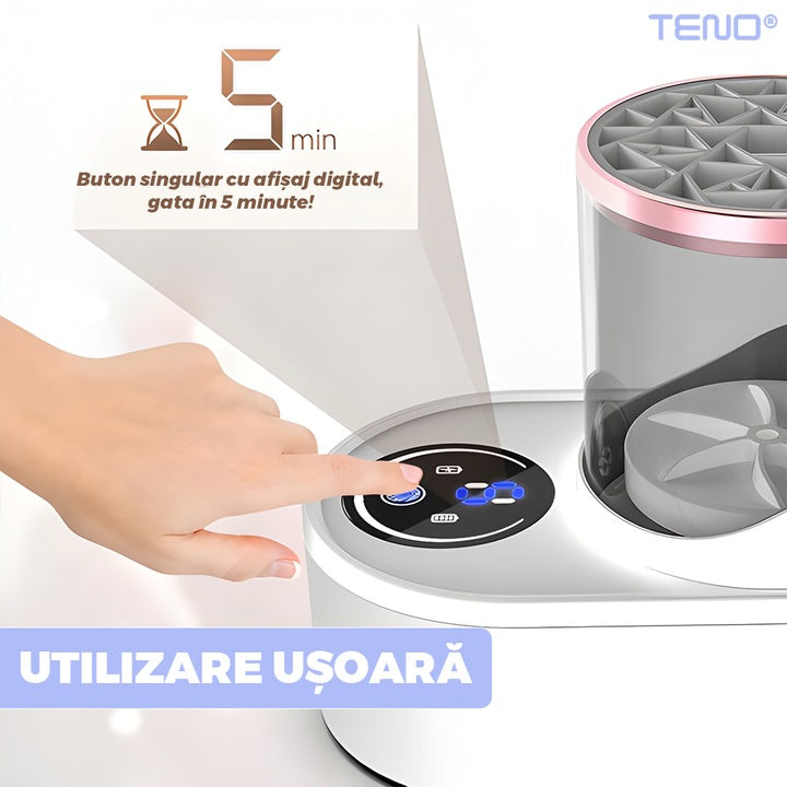 Aparat de Curatat Pensule Machiaj Teno®, curatare ultrasonica, rapid, eficient, dubla utilizare, pentru curatare/uscare, temporizator, alimentare USB, alb