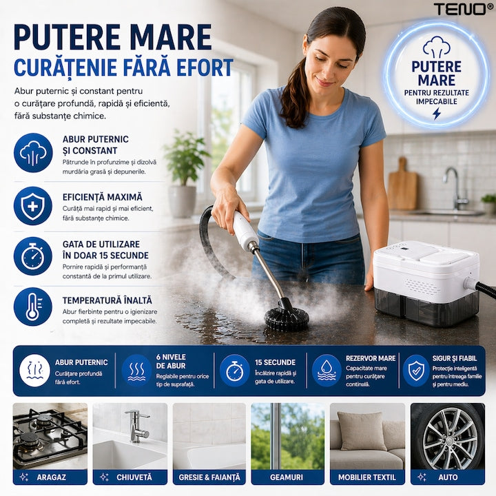 Steam Cleaner portabil Teno®, curatare cu abur 105°C, 6 nivele reglabile, rezervor 1000ml, incalzire rapida 15s, fara chimicale, multisuprafete