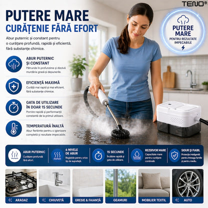 Steam Cleaner portabil Teno®, curatare cu abur 105°C, 6 nivele reglabile, rezervor 1000ml, incalzire rapida 15s, fara chimicale, multisuprafete