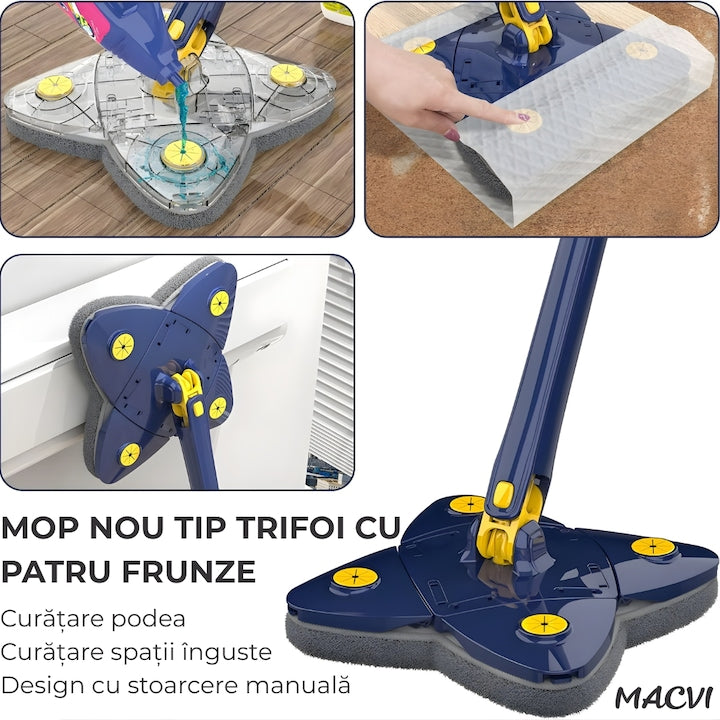 Mop cu Cap Stea Macvi® 360° Telescopic Curatare Usoara, 2 lavete Microfibra, Lungime 123 cm, Albastru/Galben