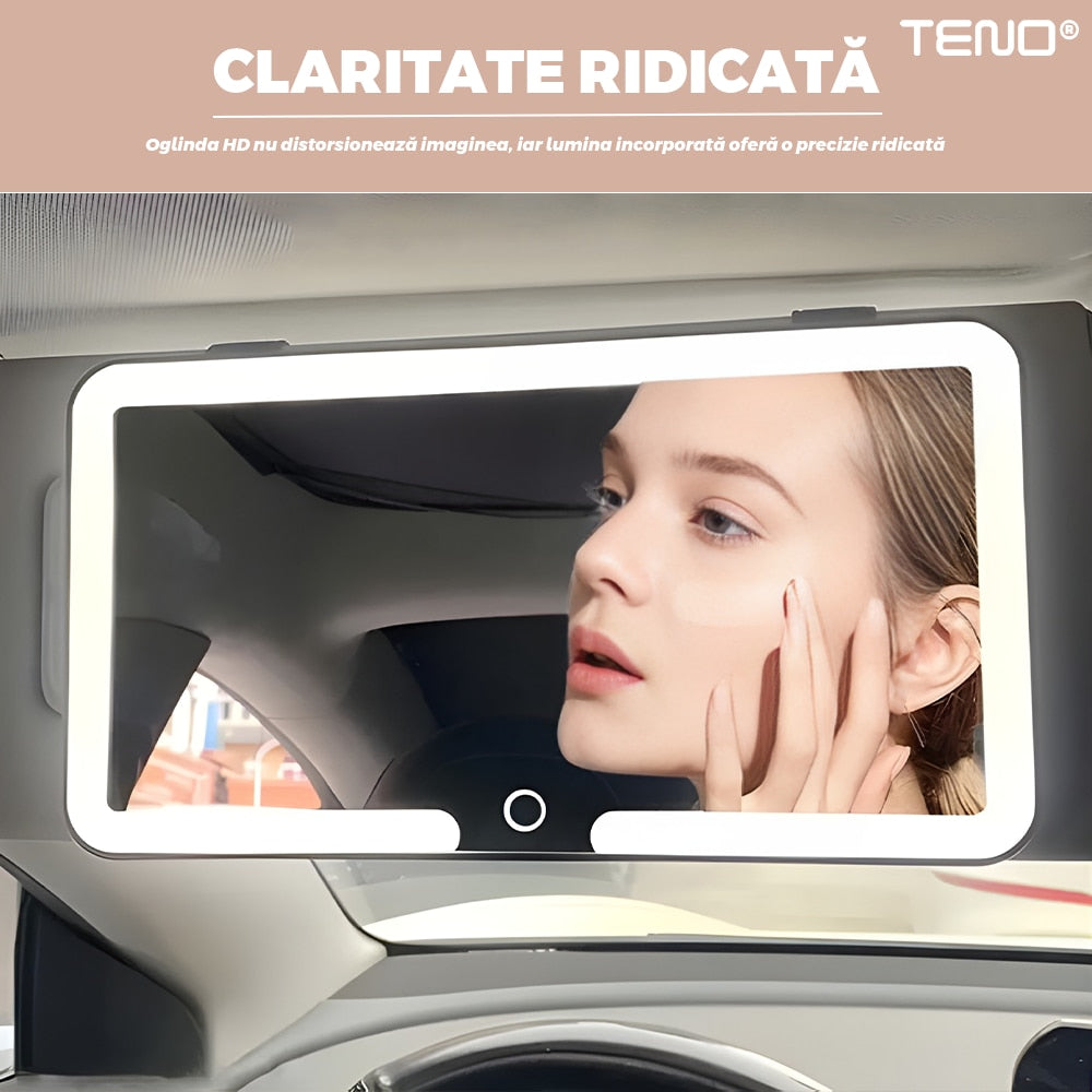 Oglinda Auto Cosmetica Teno®, pentru machiaj, iluminare LED, compacta, usoara, usor de montat, pentru parasolarul interior, buton Touch-Screen, alb