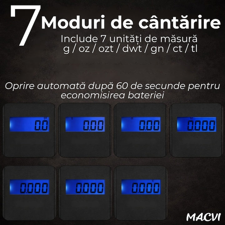 Cantar electronic pentru bijuterii Macvi®, Pocket, 300 g, Rezolutie 0,01 g, Negru