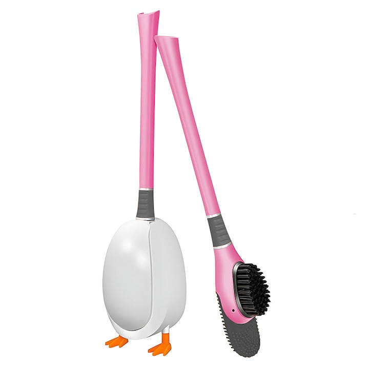 Perie pentru Toaleta Ratusca Teno®, din silicon, model adorabil, carcasa ou, suport adeziv montabil pe orice suprafata, 2 capete, capat cioc din silicon, capat cu peri pentru pete, roz