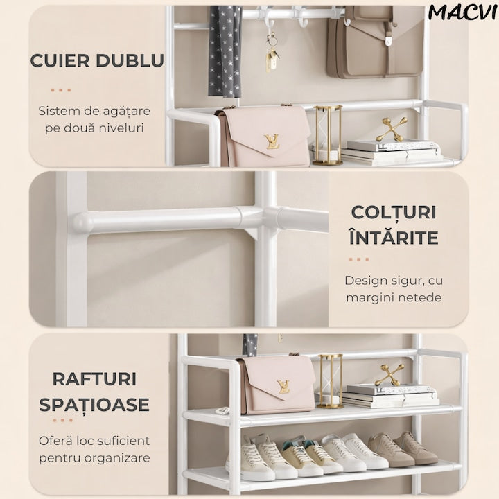 Cuier multifunctional Macvi® pentru haine si incaltaminte, 171x80x26.5 cm, material durabil, design ergonomic si modern, negru