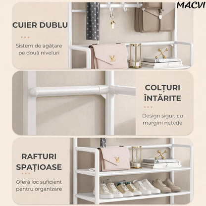 Cuier multifunctional Macvi® pentru haine si incaltaminte, 171x80x26.5 cm, material durabil, design ergonomic si modern, negru