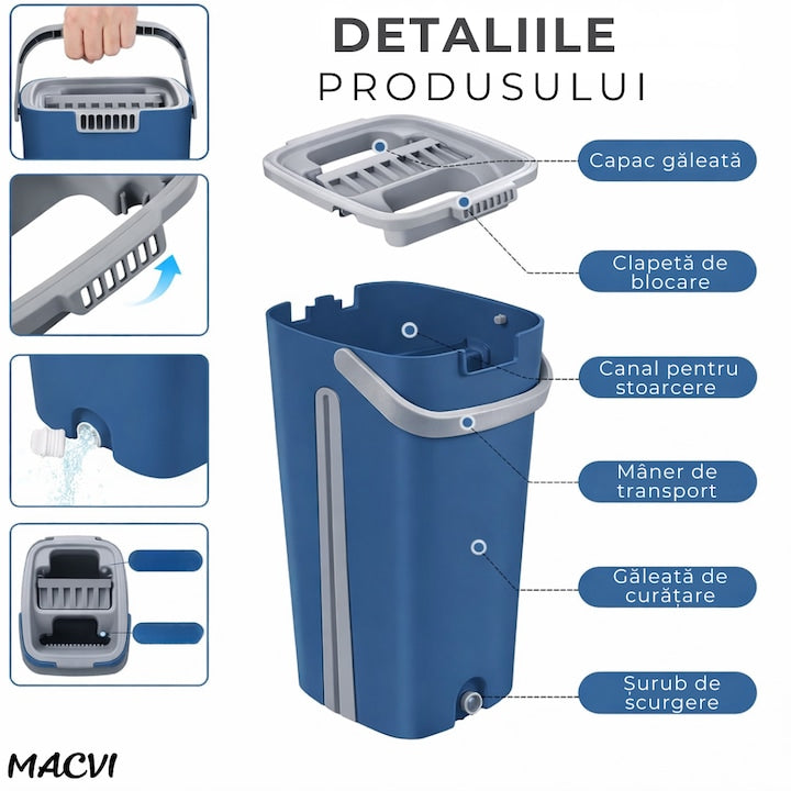 Set curatare Macvi® cu mop plat si galeata cu sistem de stoarcere, scurgere cu dop, coada telescopica si 2 lavete microfibra rezerva