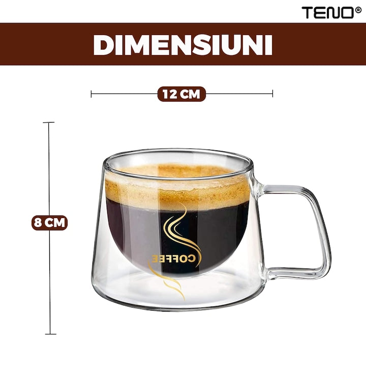 Set 2 Cani de Sticla cu Perete Dublu Teno®, model COFFEE, design modern, termorezistente, capacitate 200 ml, 12 x 8 cm
