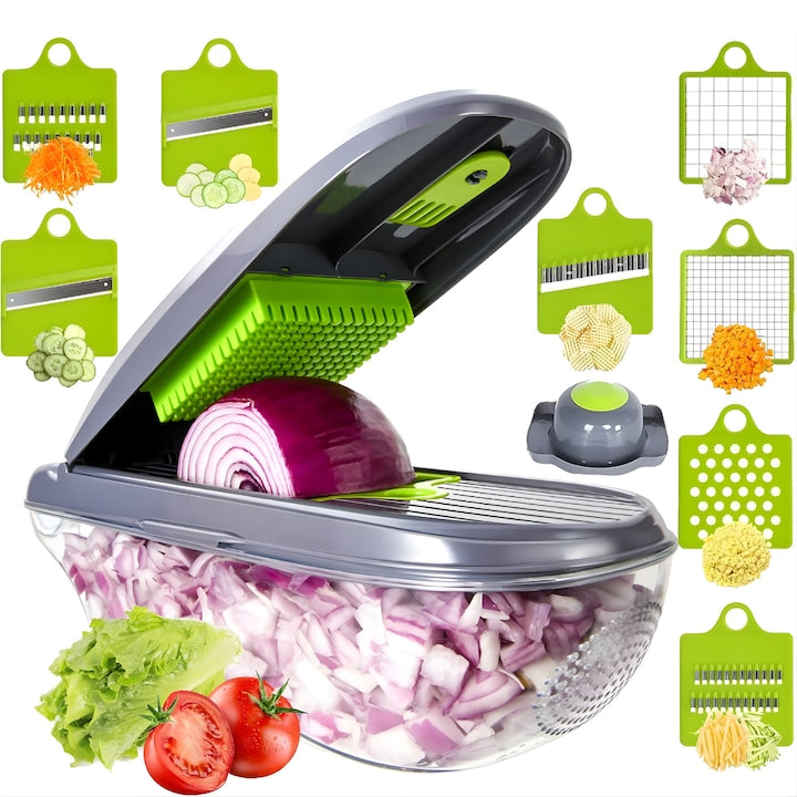 Tocator multifunctional legume MACVI 12 in 1, 8 lame interschimbabile din otel inoxidabil, recipient 1, 5 L, pentru feliere, taiere cuburi